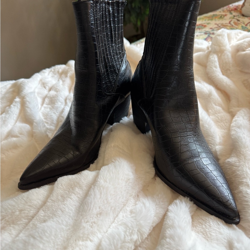 Black Croc-Embossed Ankle Boots